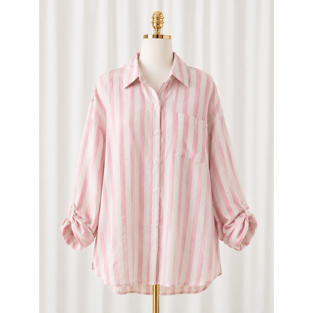 Isaac Mizrahi Linen Blend Button Front Shirt Top Pink Striped A646494 Size 3XP